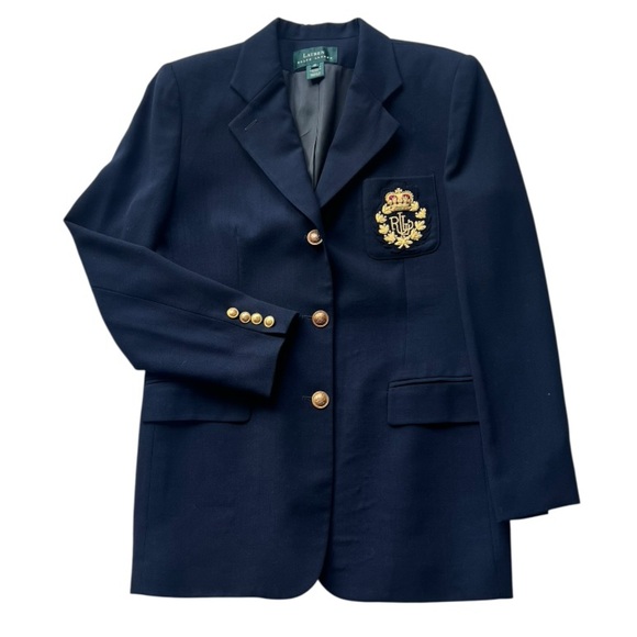Lauren Ralph Lauren Navy Blue Preppy Academia Gold Logo Crest Wool Blazer sz 10 - Picture 12 of 12